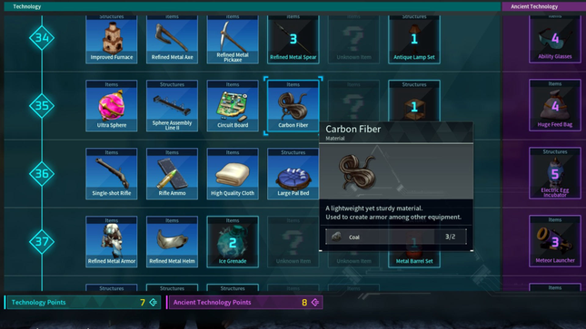 Screenshot showing the different assets available for players to craft.